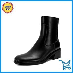 Leather Ankle Boots with Side Zipper, Square Toe, Low Block Heel
